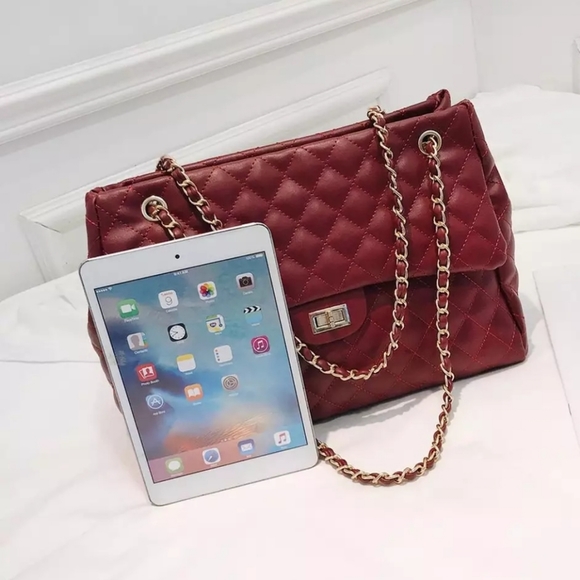 Large Quilted Handbag Wine Burgundy - Picture 4 of 16